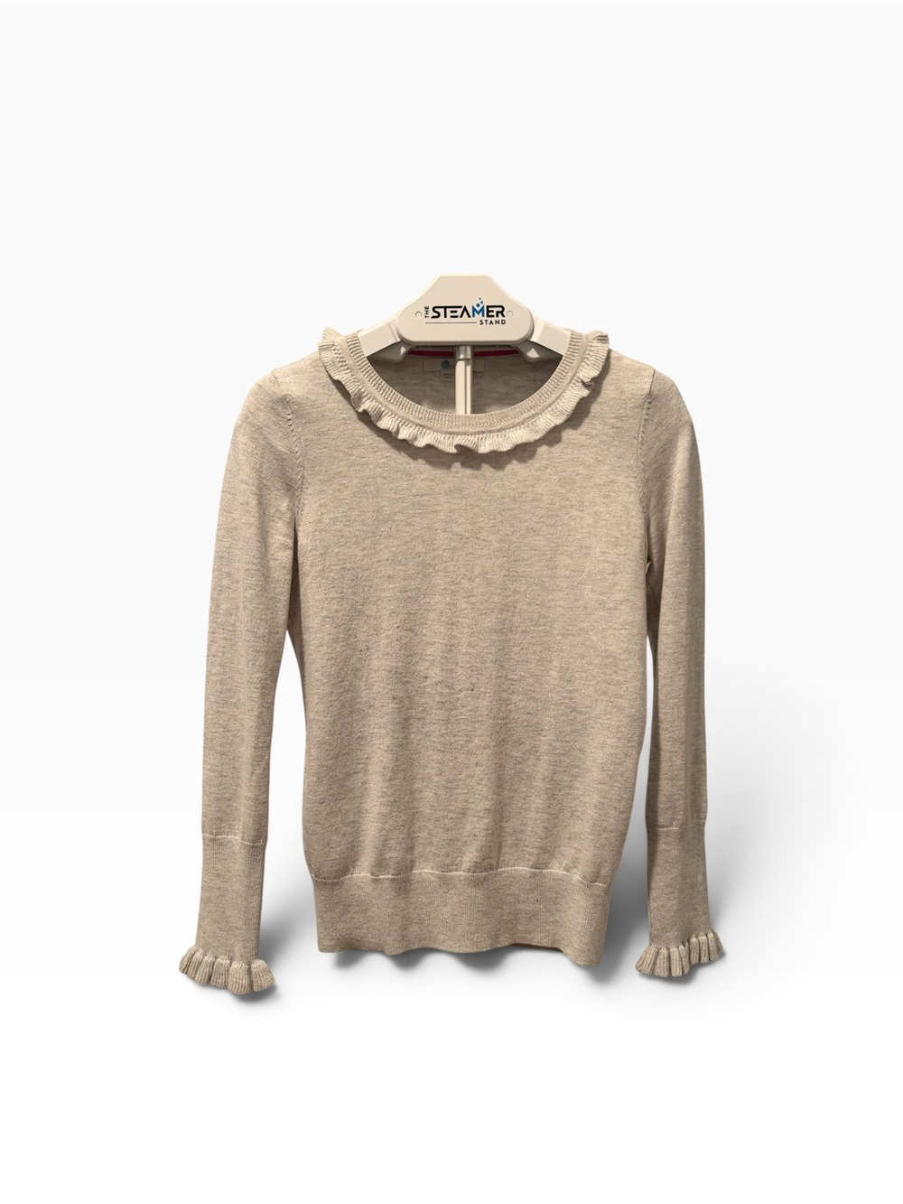 Boden Bernadette Ruffle Neck & Cuff Sweater - Gray Oatmeal Knit - Size 6 US